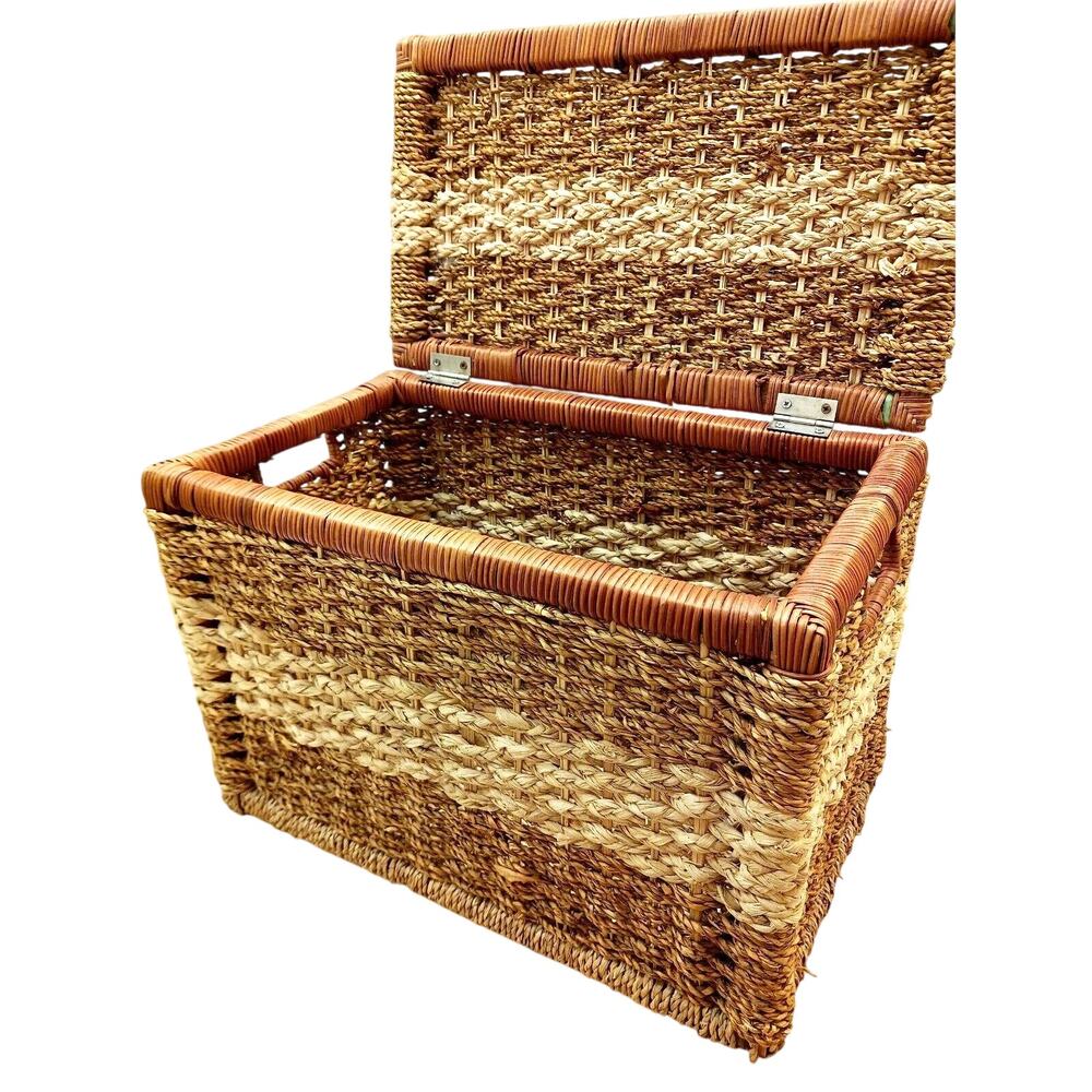 French Country Rattan Wicker Storage Basket 15" Lid Farm Granny Boho Cottagecore